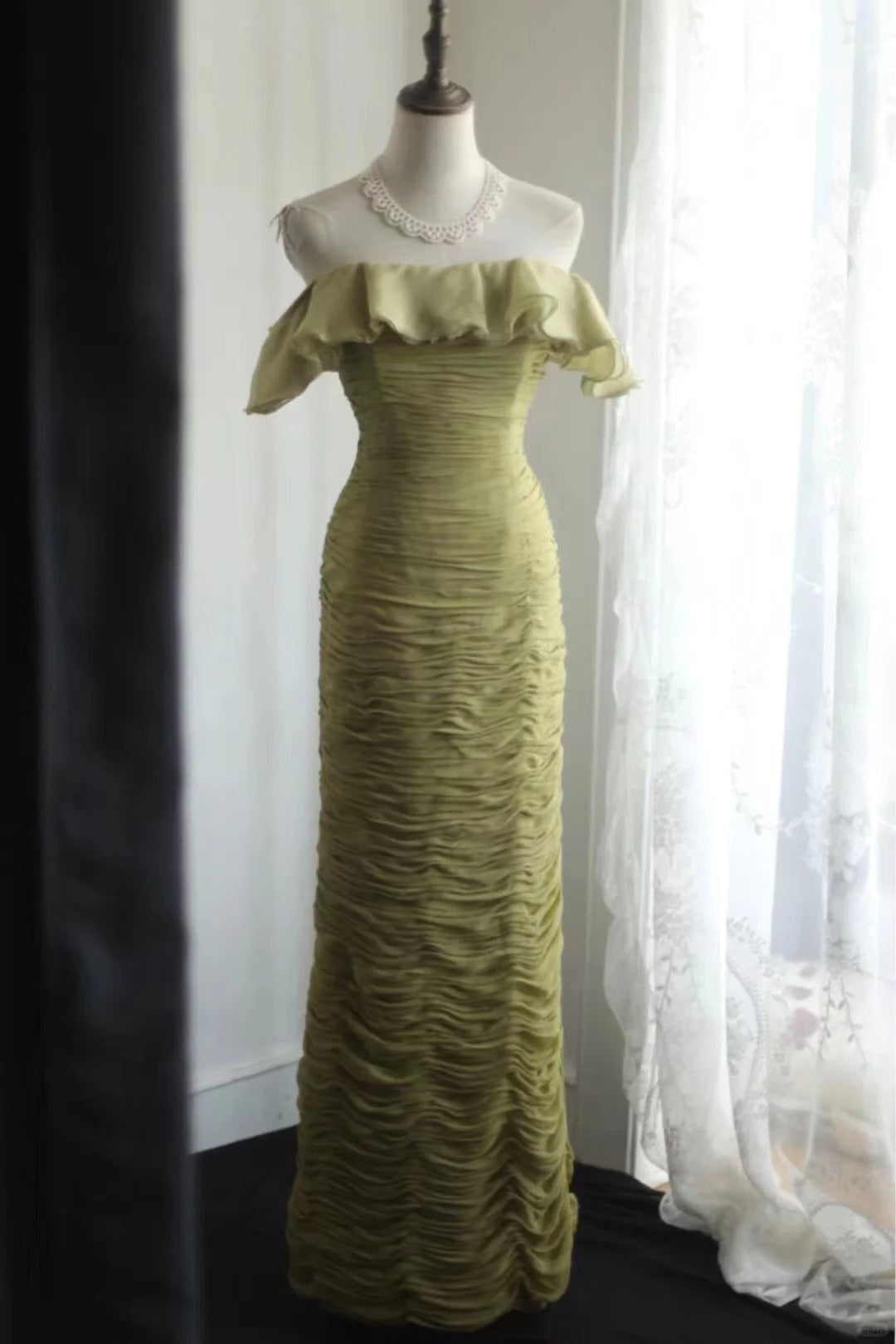 Green Off Shoulder Vintage Long Party Dress Evening Dress Prom Dresses