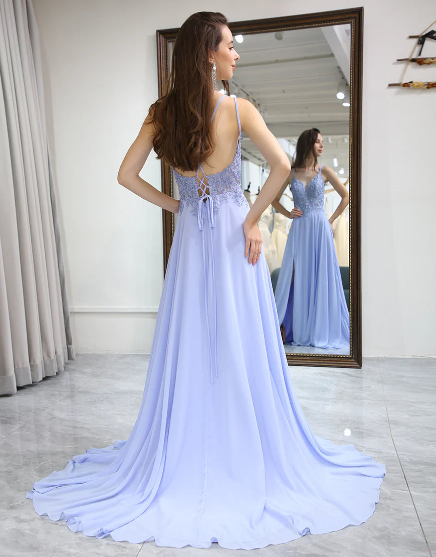 Lavender A Line Long Prom Dress With Slit
