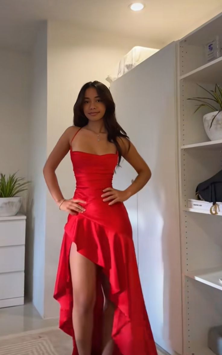 Red Satin Evening Dress Long Prom Party Dress