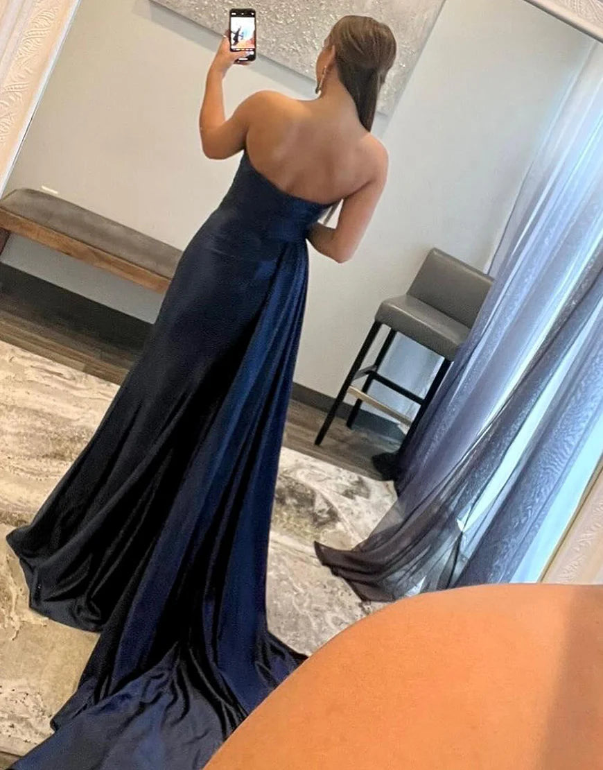 Navy Blue Long Split Strapless Tight Sweetheart Ball Dress