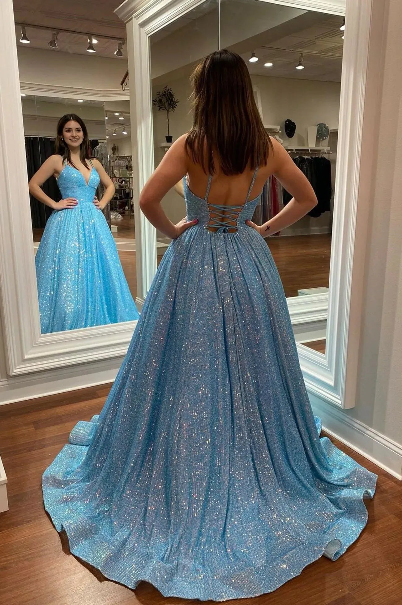 Blue V-Neck Sequins Long Prom Dress A-Line Backless Evening Dress