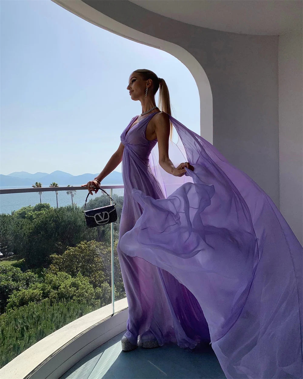 Simple V-neck purple long ball party gown