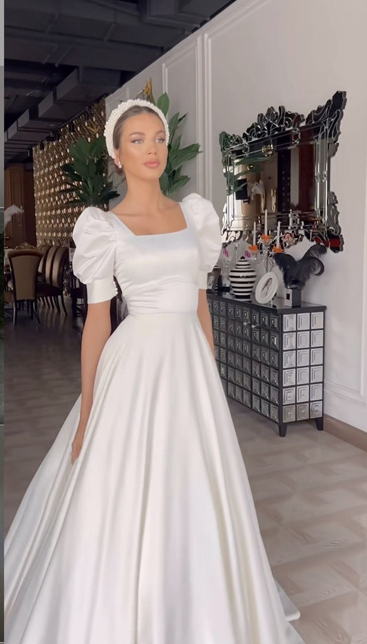 A Line Satin White Long Wedding Dress Princess Bridal Gown
