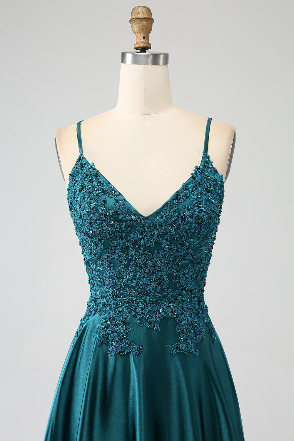 DingJiDress Peacock Green A-Line Spaghetti Straps Long Prom Dress with Slit
