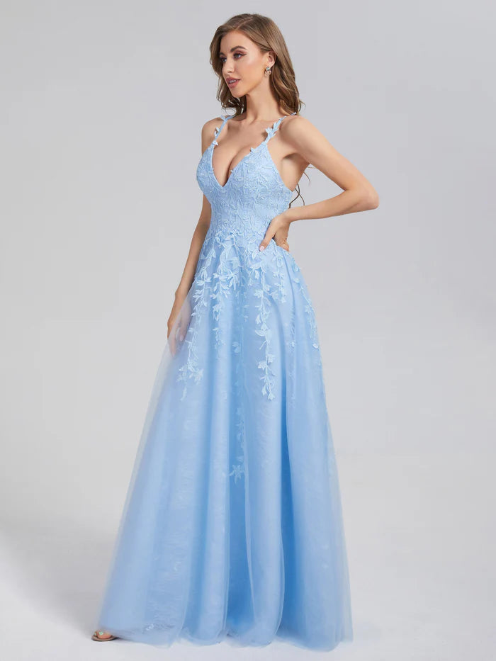 Charming A-Line V Neck Spaghetti Straps Back Zip Floor-Length Prom Dress with Appliques