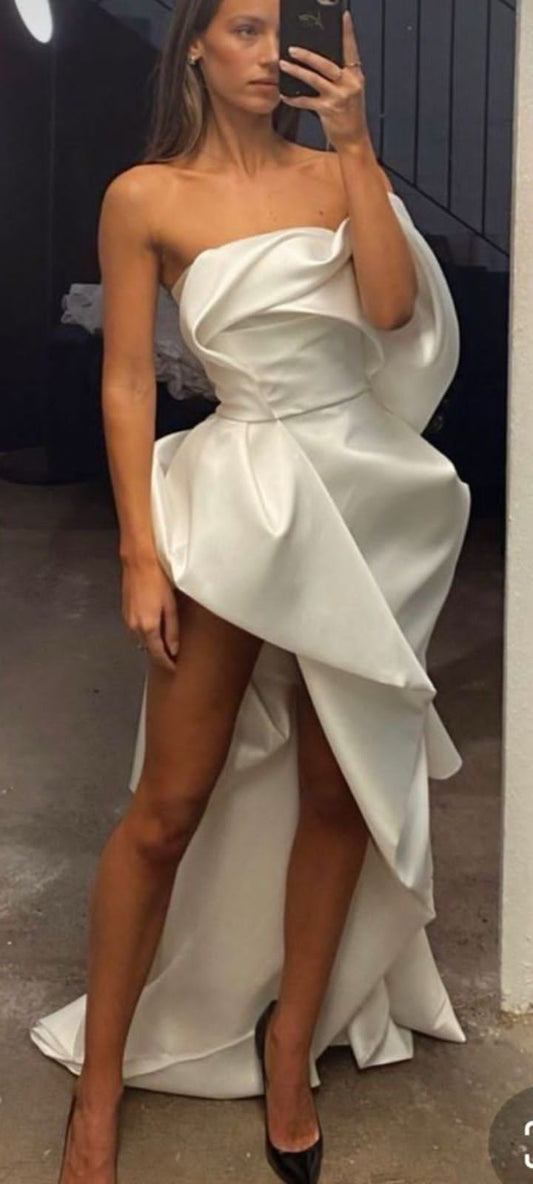 irregular satin wedding dress prom dress Evening Gown Party Dress