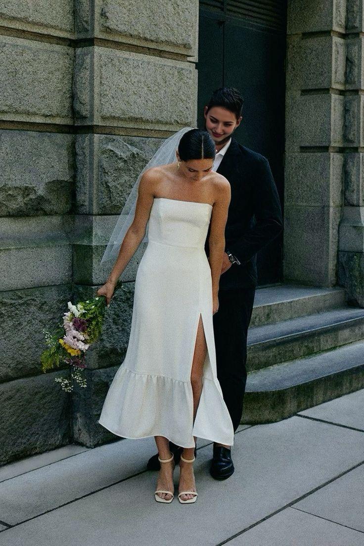 Long Simple Wedding Dress with Thin Straps Simple Strapless Sleeveless Satin Sheath Wedding Dress With Slit