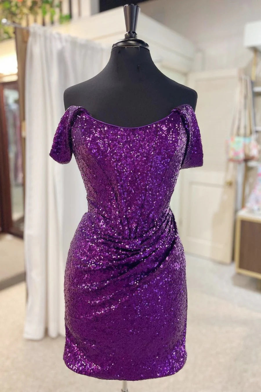 Sequin Off-the-Shoulder Ruched Cocktail Dress
