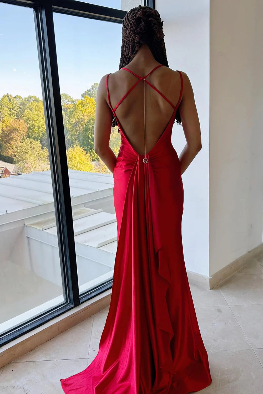 Satin red long slim shoulder strap tight slit ball skirt