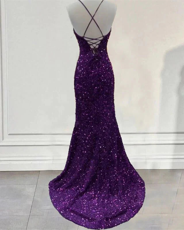 V-neck camisole slit dress sequined mermaid formal evening gown