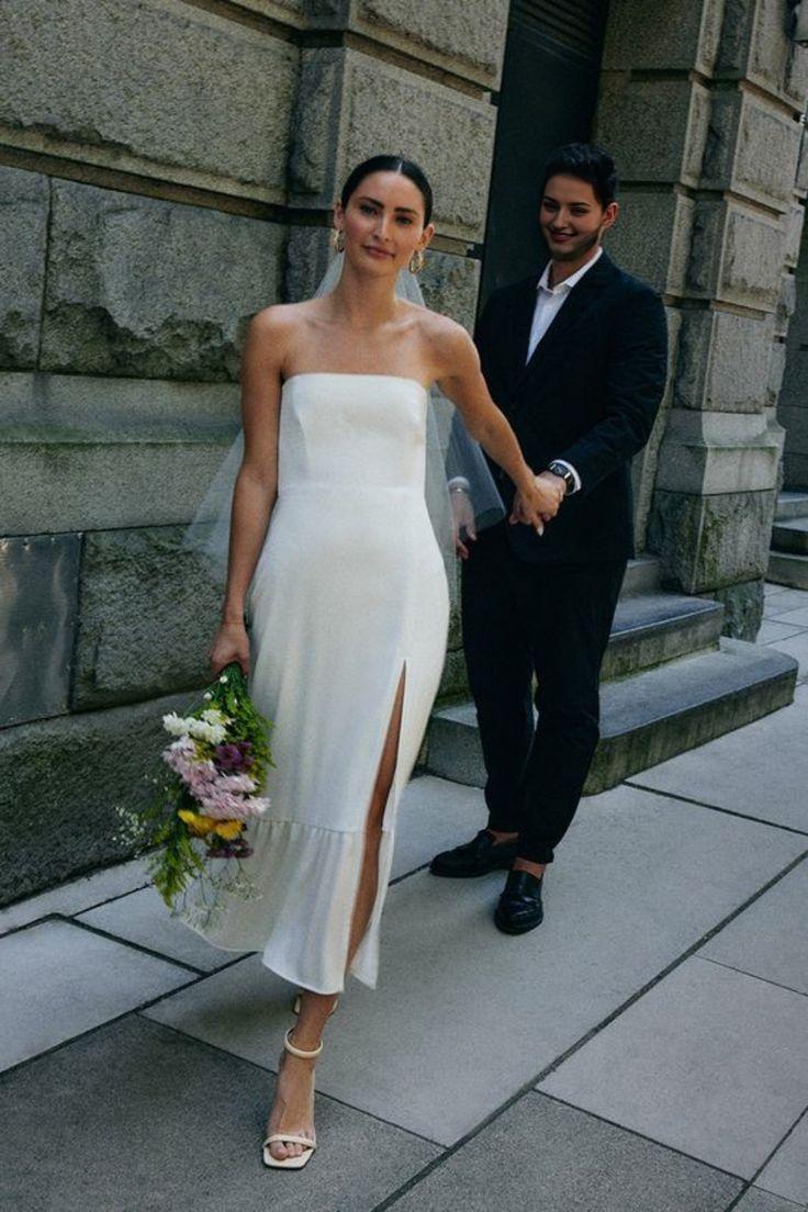 Long Simple Wedding Dress with Thin Straps Simple Strapless Sleeveless Satin Sheath Wedding Dress With Slit