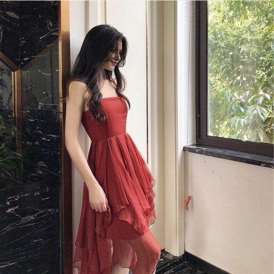 Spaghetti Strap Asymmetric Ruffled Evening Dresses For Women