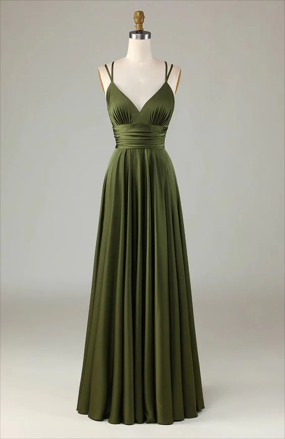 Minimally Sleeveless Long Olive Ball Dress A-line Bridesmaid Dress