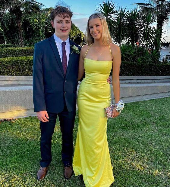 Yellow Mermaid Back Open Satin Prom Dress Formal Dresses Long