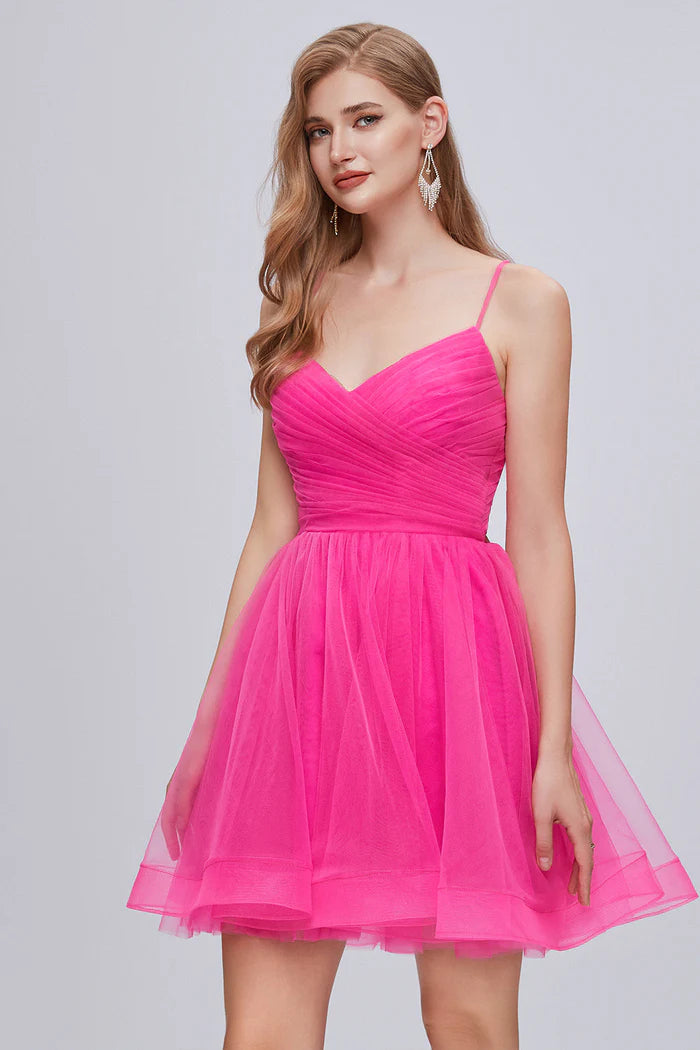Spaghetti Strap V Neck Tulle Homecoming Dresses