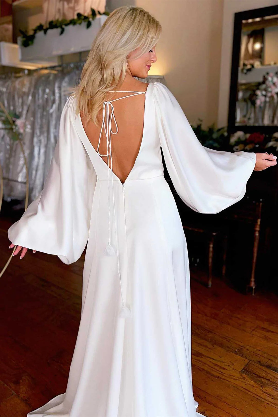 V-Neck Long Sleeve Backless Long Wedding Dress with Slit