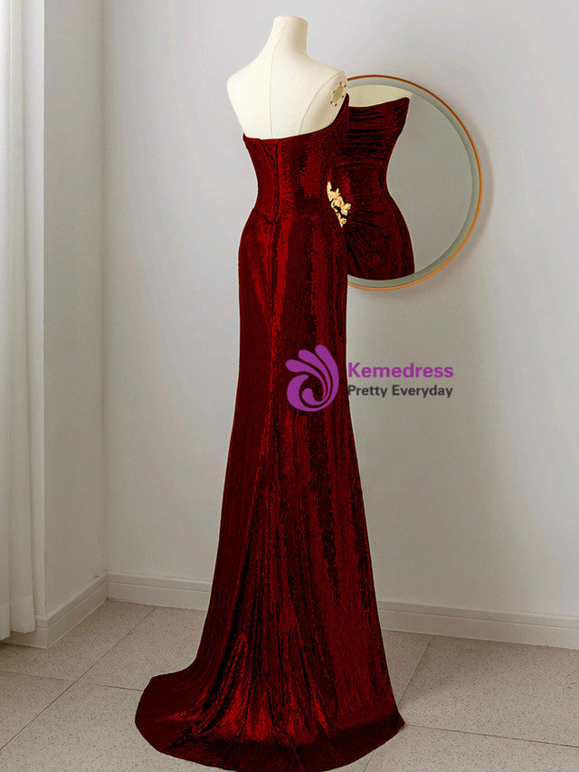 Burgundy Sequins Strapless Pleats Prom Dress