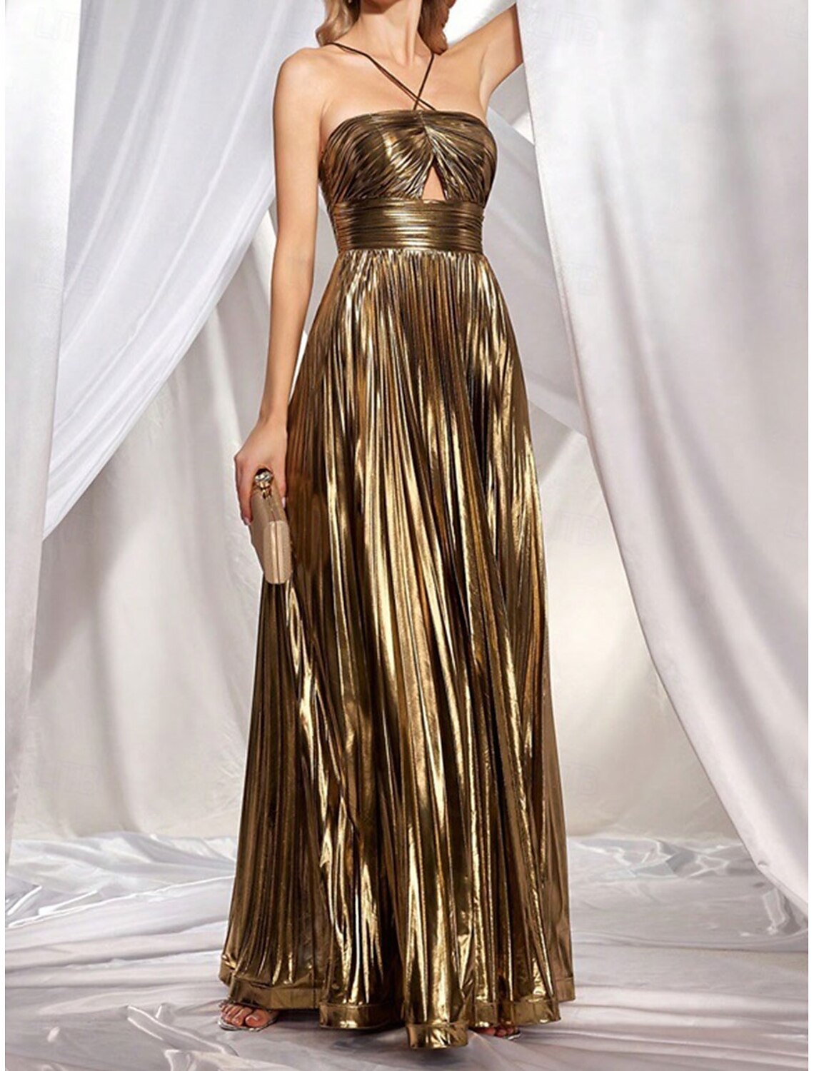 Charming Pleat Gold A-Line Halter Neck Lace Up Wedding Guest Floor Length  Prom Dress