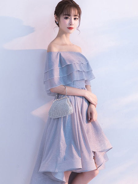 Short Homecoming Dress Off The Shoulder Ruffles Cocktail Dresses Light Grey A Line High Low Party Dresses