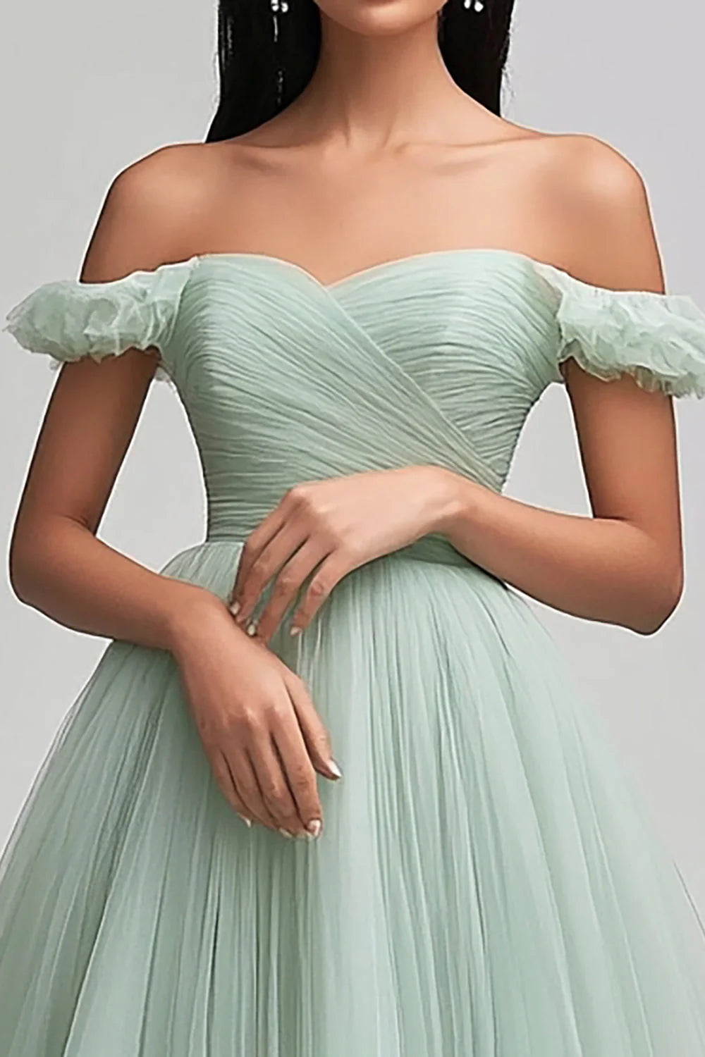 Light Green Tulle Off the Shoulder Long Prom Dress