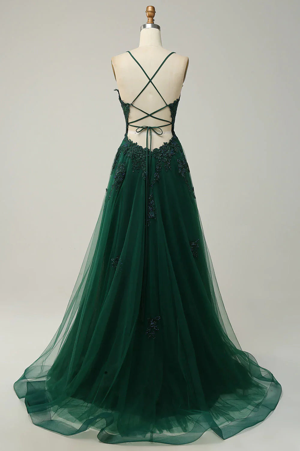 DingJiDress A Line Spaghetti Straps Green Long Prom Dress with Criss Cross Back