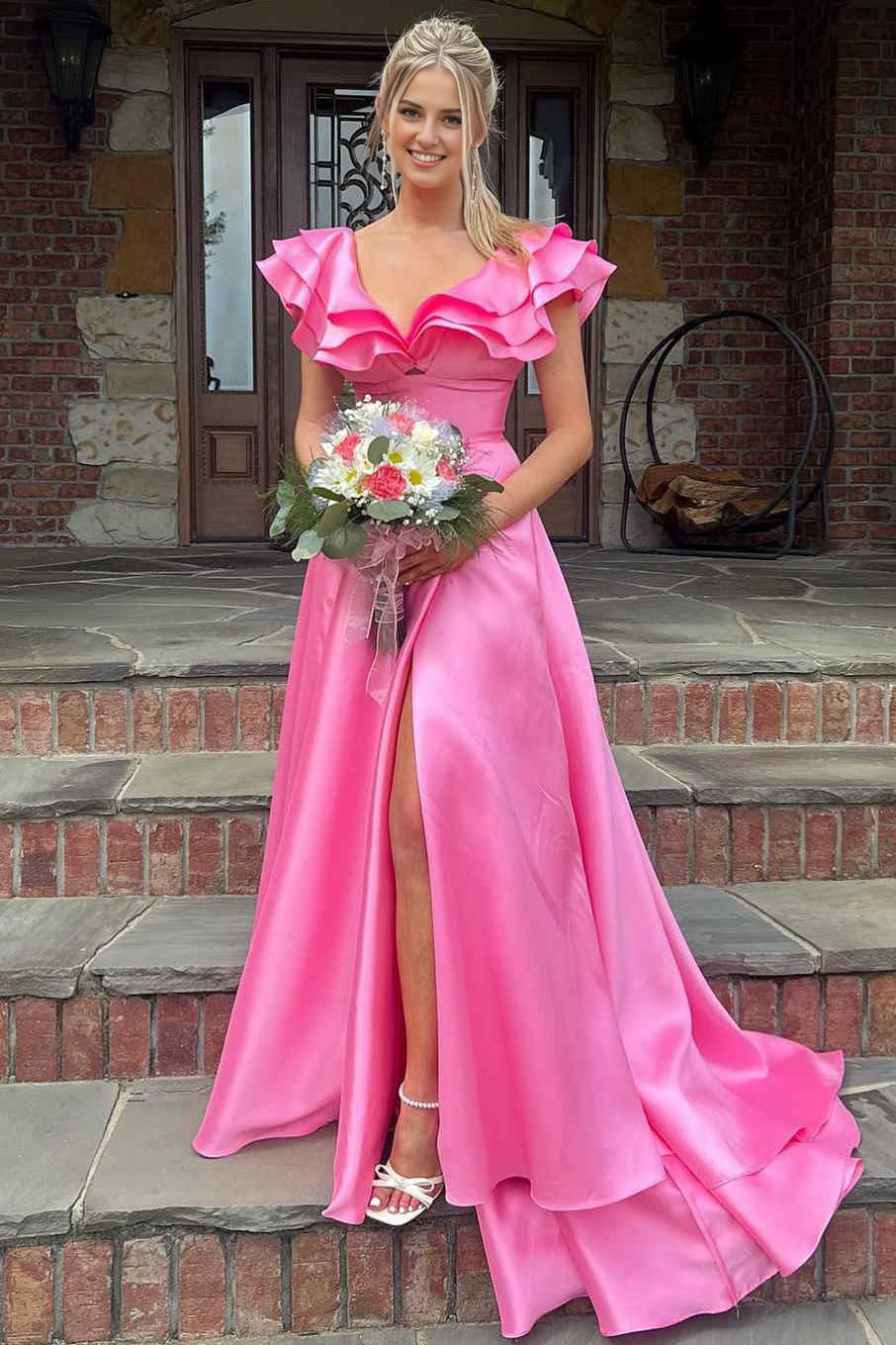 DingJiDress Evening Dress A-Line Deep V-Neck Ruffle Long Elegant Side Fork Gorgeous Romantic Formal Women's Dresses Wedding Guest Dresses