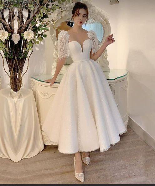 A-line Tea Length Lace Wedding Dresses With Short Sleeves
