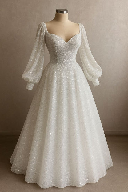 A Line Long Sleeves Shiny Long Bridal Gown Wedding Dress