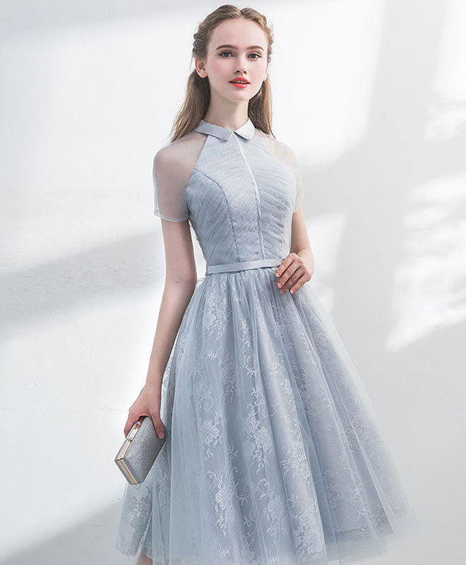 Unique Gray Tulle Lace Short Prom Dress Gray Homecoming Dress