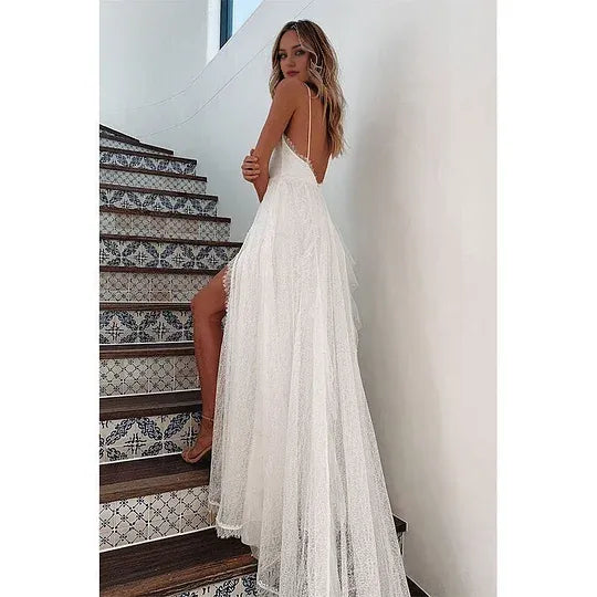 Woman Wedding Maxi Slip Dress Summer Sexy Bridesmaid Banquet White Split V Neck Backless Lace Female Long Elegant Evening Dress