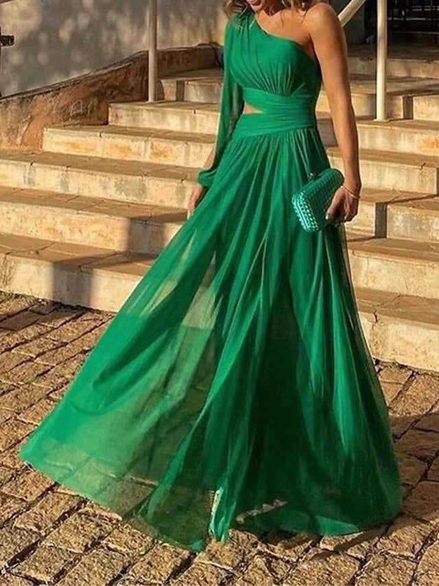 Women's Prom Dress Party Dress Cut Out Dress Long Dress Maxi Dress Green Long Sleeve Pure Color Backless Spring Fall Winter One Shoulder Fashion Birthday Evening Party Wedding Guest