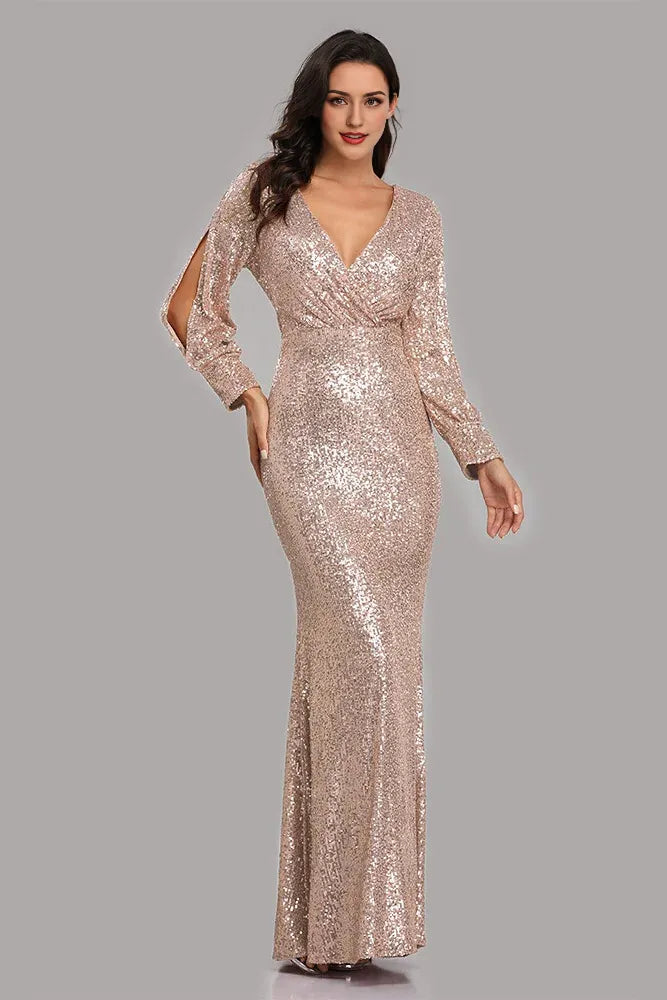 Long Sleeve V Neck Sequined Fishtail Evening Dress