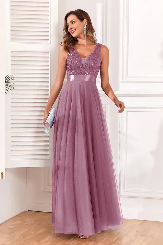 Spliced Elastic Waist Sleeveless V Neck Evening Dress Tulle Embroidery Long Party Dress