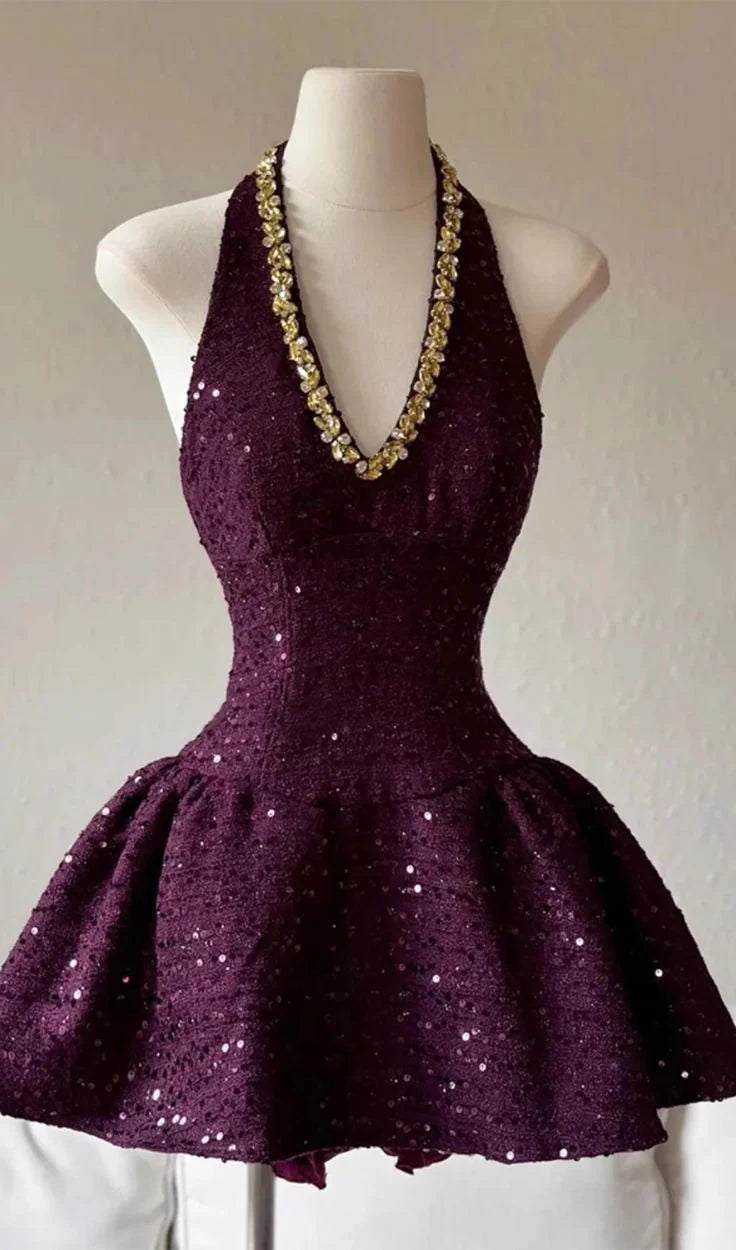 Deep purple short sequined V-neck backless back back back back back back to school party dress
