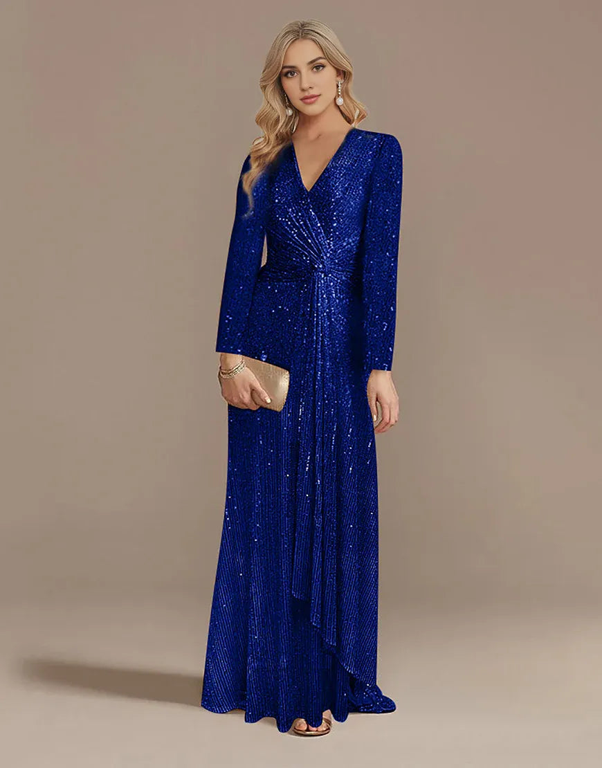 Glitter Navy Mother of the Bride Dress with Long Sleeves