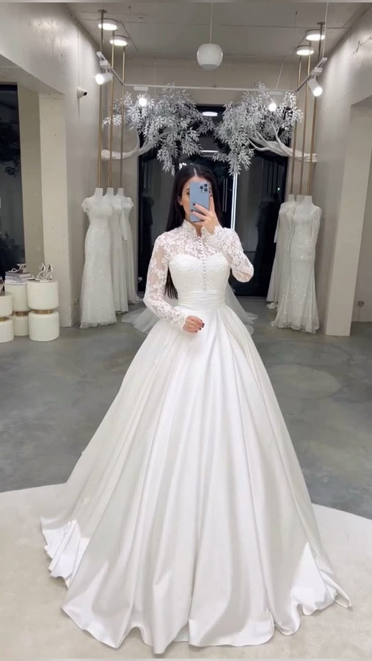 A Line Satin Lace Long Wedding Dress Bridal Gowns