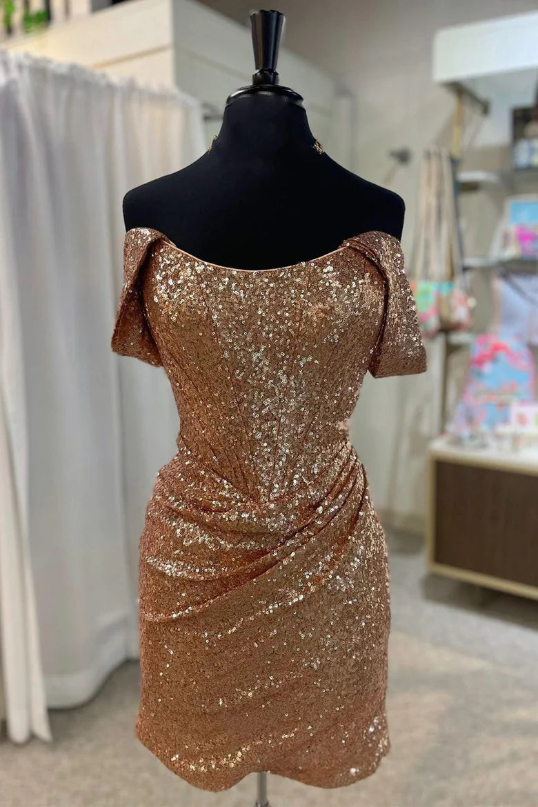 Sequin Off-the-Shoulder Ruched Cocktail Dress