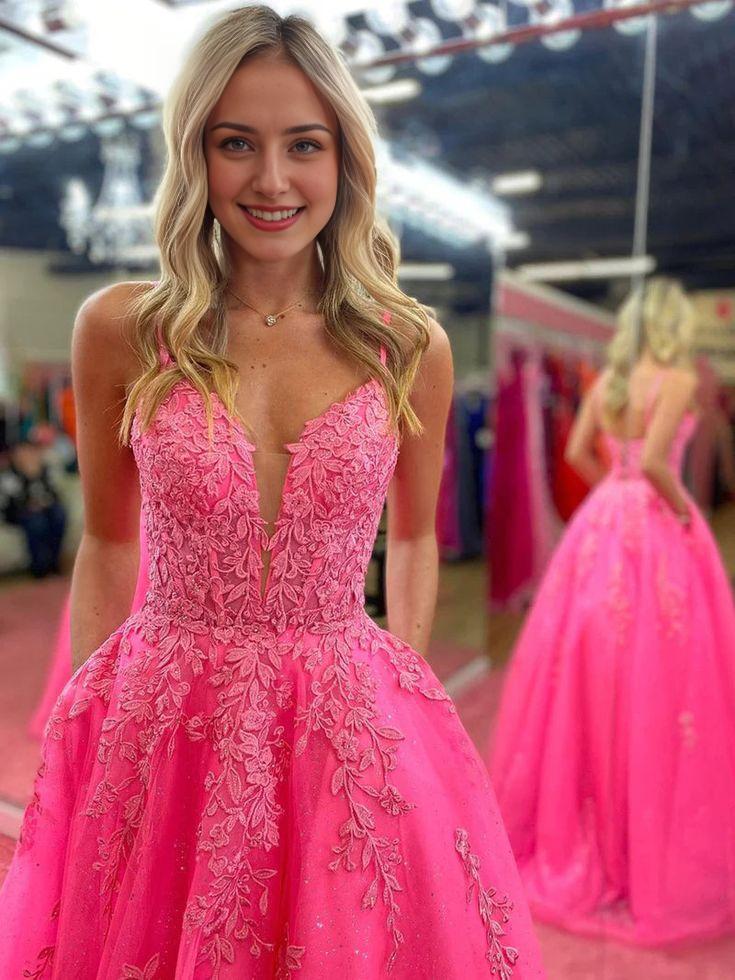 V Neck Pink A Line Lace Long Prom Dress