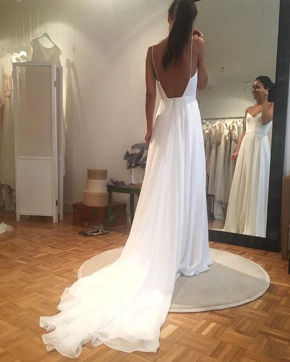 Long Spaghetti Strap A-line V-Neck White Wedding Dress