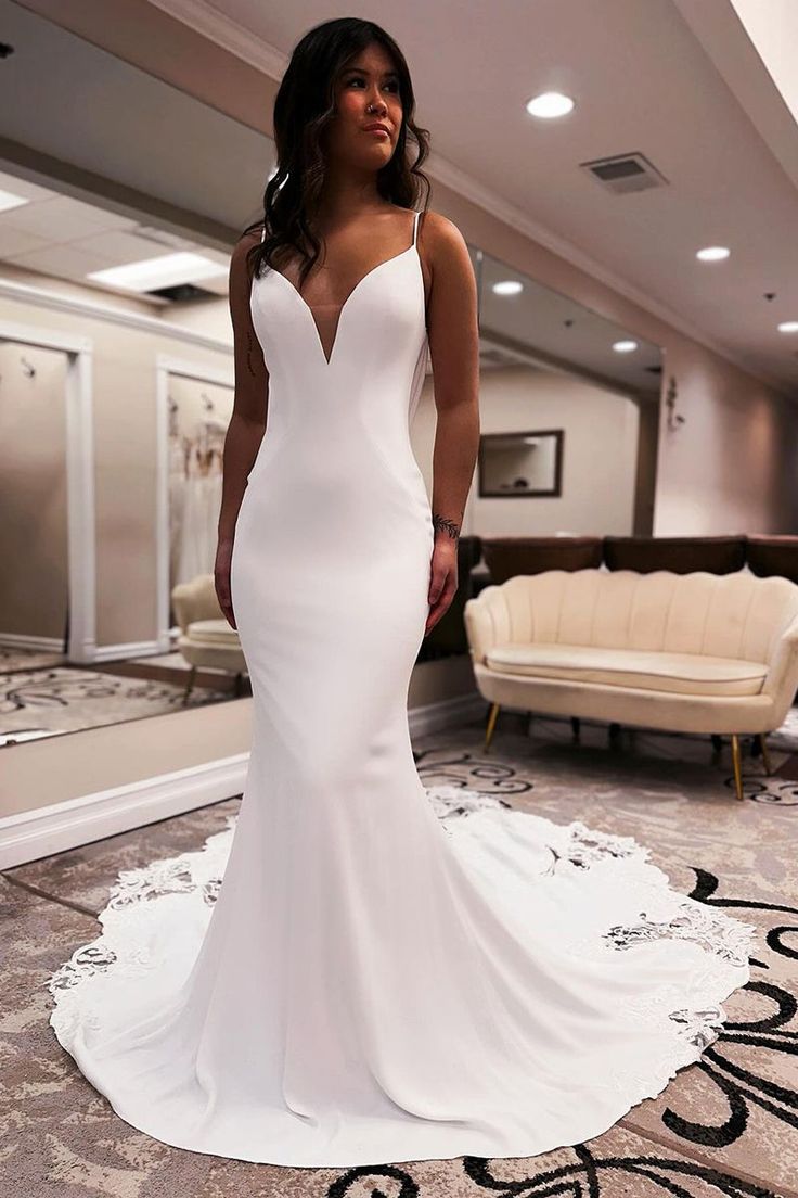 Unique mermaid V-neck satin wedding dress with decal
