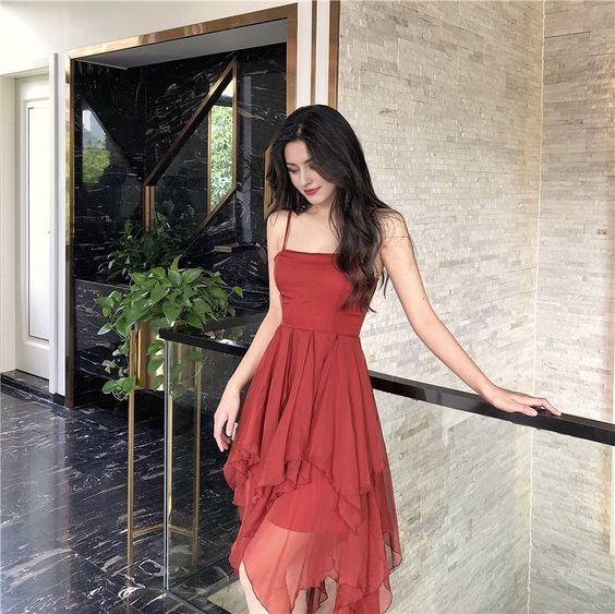 Spaghetti Strap Asymmetric Ruffled Evening Dresses For Women