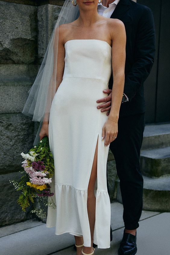 Long Simple Wedding Dress with Thin Straps Simple Strapless Sleeveless Satin Sheath Wedding Dress With Slit