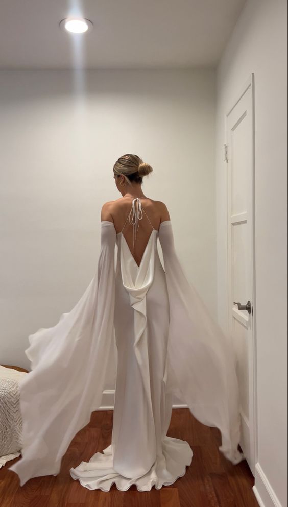 Wedding dress soft satin long backless simple bridal gown with detachable flared sleeves