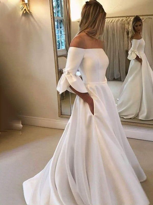 Elegant Off-Shoulder Satin Wedding Dress with Bow