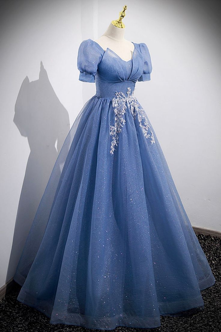 Tulle Lace Floor Length Prom Dress Short Sleeve Evening Dress