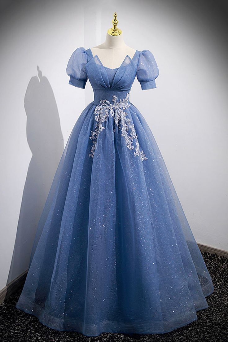 Tulle Lace Floor Length Prom Dress Short Sleeve Evening Dress