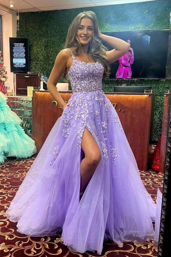 Shiny Purple Lace Long Prom Dress with High Slit Purple Lace Formal Dress Purple Evening Dress