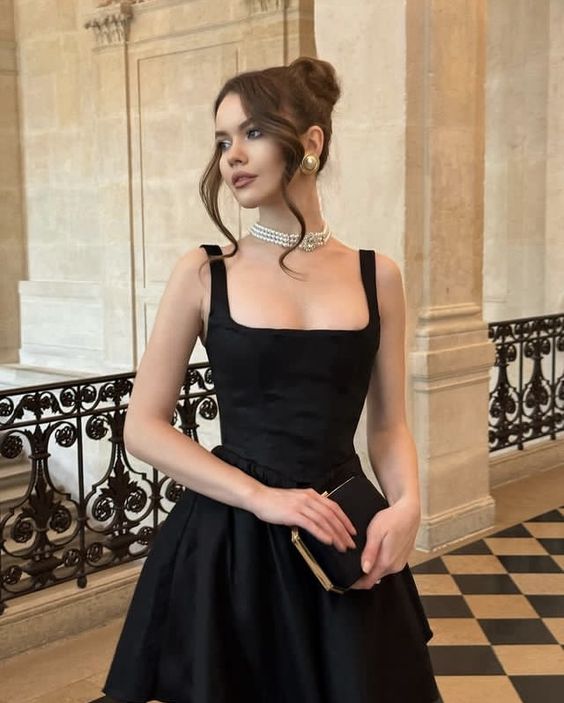 black mini wedding dress evening dress square neck above knee Party Dress