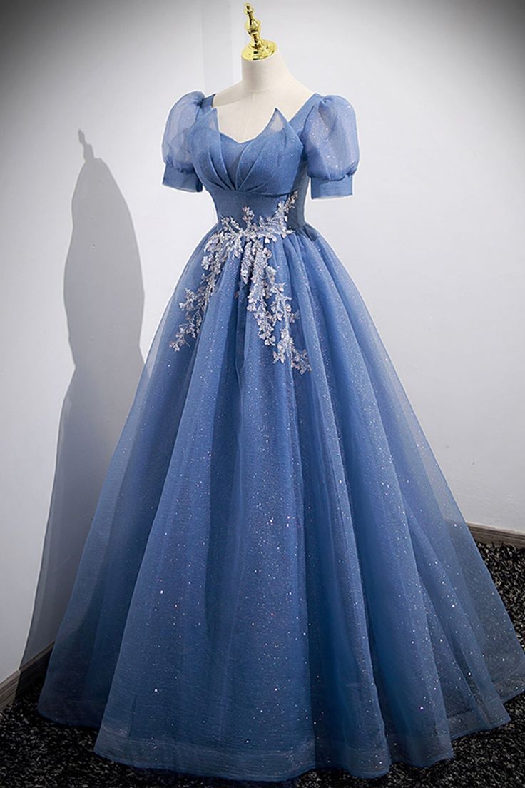 Tulle Lace Floor Length Prom Dress Short Sleeve Evening Dress