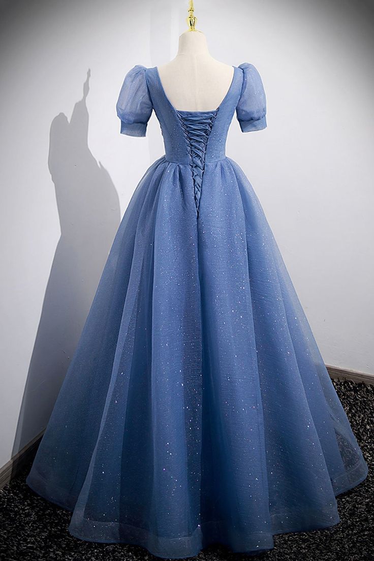 Tulle Lace Floor Length Prom Dress Short Sleeve Evening Dress